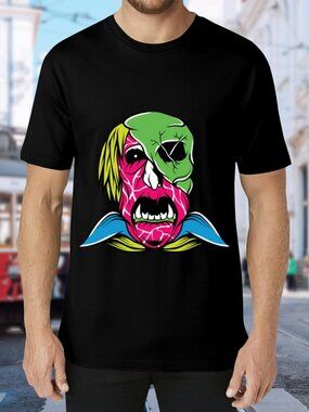 Graphic Horror Face Tee in Black with Neon Pink & Green